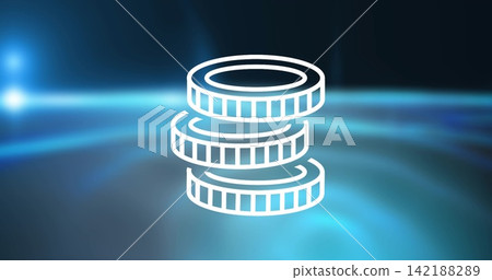Displaying white outlined stack of 3 coins rotating on glossy blue gradient, lens flare and bokeh Displaying white outlined stack of 3 coins rotating on glossy blue gradient, lens flare and bokeh 142188289