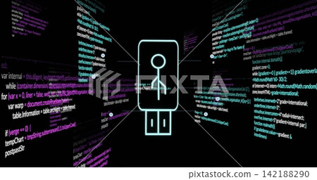 Glowing neon-cyan USB token hovering in virtual data corridor, showing angled code panels and nodes Glowing neon-cyan USB token hovering in virtual data corridor, showing angled code panels and nodes 142188290