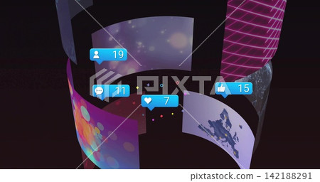 Rotating curved translucent panels spiraling in dark VR stage, with blue notifications 19,11,7,15 142188291