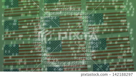Displaying tiled US flags with floating binary digits and screen grid on monitor, data motif Displaying tiled US flags with floating binary digits and screen grid on monitor, data motif 142188297