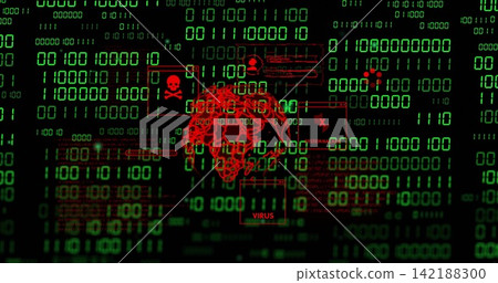 Vertical video: Binary surge causing red wireframe globe pulsing center, displaying VIRUS warnings Vertical video: Binary surge causing red wireframe globe pulsing center, displaying VIRUS warnings 142188300