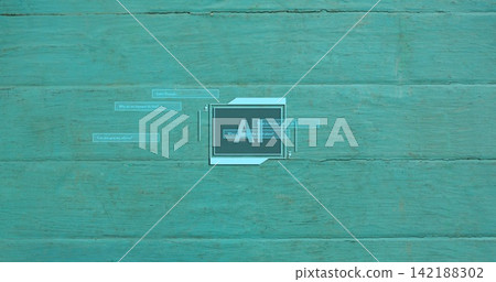 Displaying small dark panel labeled AI on teal wood table with faint chat bubbles 142188302