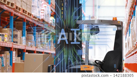 Operating electric reach forklift with AI overlay, navigating warehouse aisle with pallet racking Operating electric reach forklift with AI overlay, navigating warehouse aisle with pallet racking 142188305