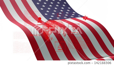 Displaying United States flag draping across white backdrop, with globe, skull icon and alerts Displaying United States flag draping across white backdrop, with globe, skull icon and alerts 142188306