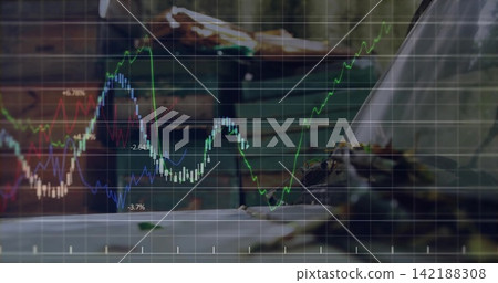 Displaying financial chart with green blue red trends, percentages over bedroom with white sheets 142188308