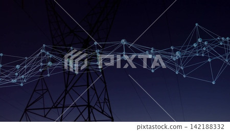 Glowing mesh of linked blue nodes spanning across dusk sky overlaying lattice tower and power lines Glowing mesh of linked blue nodes spanning across dusk sky overlaying lattice tower and power lines 142188332