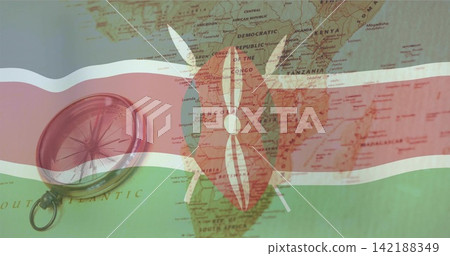Displaying vintage brass compass on political map of Africa at studio table, Kenyan flag overlay Displaying vintage brass compass on political map of Africa at studio table, Kenyan flag overlay 142188349