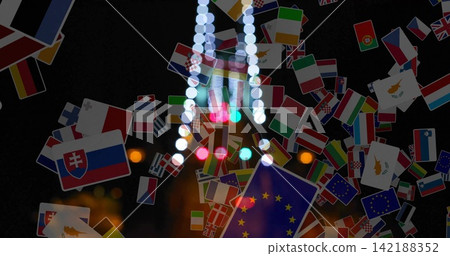 Floating flags overlapping on dark studio with vertical LED lights, showing EU Slovak Cyprus Floating flags overlapping on dark studio with vertical LED lights, showing EU Slovak Cyprus 142188352