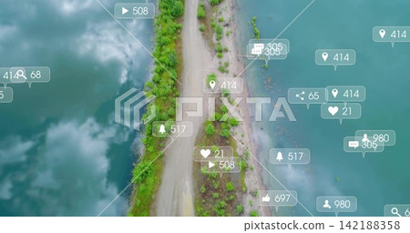 Revealing narrow sandbar and shrubs stretching over remote turquoise water shore, with social icons Revealing narrow sandbar and shrubs stretching over remote turquoise water shore, with social icons 142188358