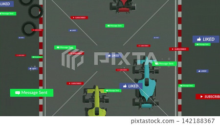 Aligning three open-wheel cars on pit lane, showing red-white curbs, stacked tires, badges Aligning three open-wheel cars on pit lane, showing red-white curbs, stacked tires, badges 142188367