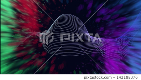 Floating central white wireframe ribbon forming sinuous 3D wave in digital art, with neon streaks Floating central white wireframe ribbon forming sinuous 3D wave in digital art, with neon streaks 142188376