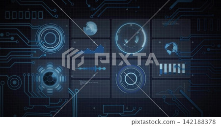 Displaying central 3x3 panels on dark grid dashboard, showing HUDs, globe, waveform, glowing traces Displaying central 3x3 panels on dark grid dashboard, showing HUDs, globe, waveform, glowing traces 142188378
