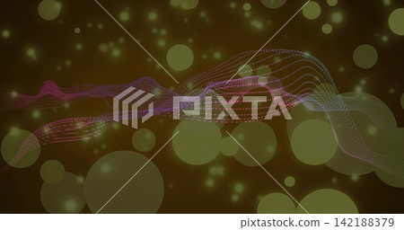 Flowing colorful dotted waveform ribbon moving across olive gradient, with green bokeh, particles Flowing colorful dotted waveform ribbon moving across olive gradient, with green bokeh, particles 142188379