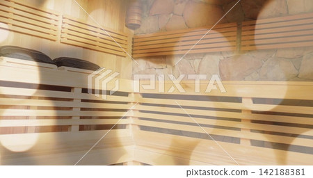 Displaying wooden sauna benches with slatted backs and dark pillows in spa, stone wall, wooden vent 142188381