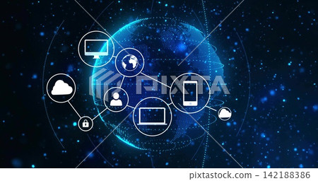 Glowing digital globe rotating, linking white icons like laptop cloud padlock on tech backdrop 142188386
