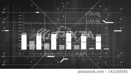 Displaying combined bar-and-line chart on gridded dashboard, showing white bars and jagged line Displaying combined bar-and-line chart on gridded dashboard, showing white bars and jagged line 142188391