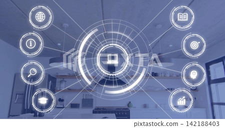 Projecting large holographic circular interface over modern kitchen stove, showing laptop icon Projecting large holographic circular interface over modern kitchen stove, showing laptop icon 142188403