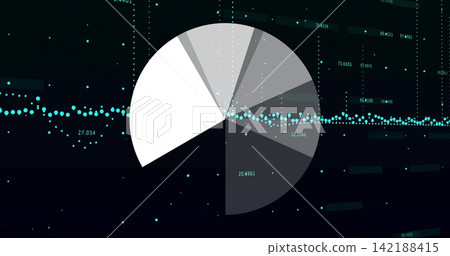 Displaying donut chart crossing teal scatter trend line on dark data dashboard, with numeric labels Displaying donut chart crossing teal scatter trend line on dark data dashboard, with numeric labels 142188415