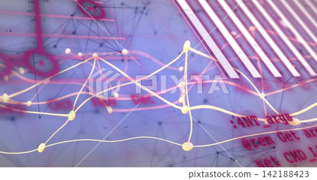 Displaying network of glowing yellow nodes and curved lines forming waveform in UI, with red code 142188423