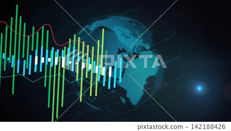 Displaying dotted 3D globe and colorful bar chart in virtual dashboard, showing red and cyan lines Displaying dotted 3D globe and colorful bar chart in virtual dashboard, showing red and cyan lines 142188426