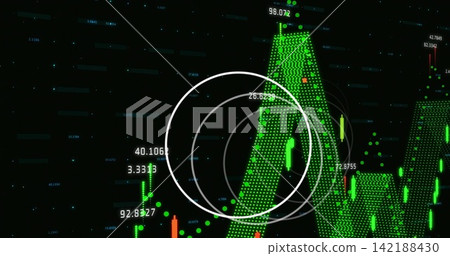 Displaying green dotted peak rising over dark grid chart, showing white rings, bars, numbers, dots Displaying green dotted peak rising over dark grid chart, showing white rings, bars, numbers, dots 142188430