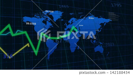 Displaying stylized blue world map, green line and yellow arrow on navy grid with data readouts Displaying stylized blue world map, green line and yellow arrow on navy grid with data readouts 142188434