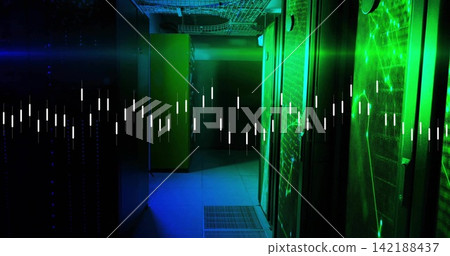 Displaying right server cabinet with mesh door showing green LEDs in server room aisle, copy space Displaying right server cabinet with mesh door showing green LEDs in server room aisle, copy space 142188437