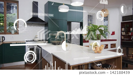 Modern kitchen featuring white quartz island with brass faucet, oranges, plant and AR overlays Modern kitchen featuring white quartz island with brass faucet, oranges, plant and AR overlays 142188439