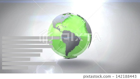 Floating green-gray globe hovering right of center above shiny floor, with gray bars and lens flare Floating green-gray globe hovering right of center above shiny floor, with gray bars and lens flare 142188443