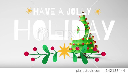Showing Xmas tree right on pale gray backdrop, showing white greeting text, green sprig, copy space Showing Xmas tree right on pale gray backdrop, showing white greeting text, green sprig, copy space 142188444
