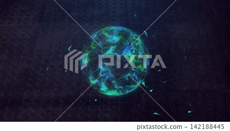 Holographic polygonal globe receiving data pulse and releasing fragments visualizing network flow 142188445