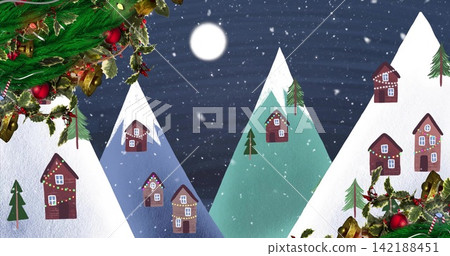 Featuring snowy mountain village at night with lit houses glowing under full moon, festive garlands Featuring snowy mountain village at night with lit houses glowing under full moon, festive garlands 142188451