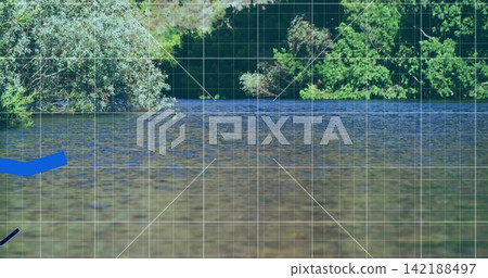 Rippling river surface reflecting sun glints at riverbank, with treeline, grid, blue shapes Rippling river surface reflecting sun glints at riverbank, with treeline, grid, blue shapes 142188497