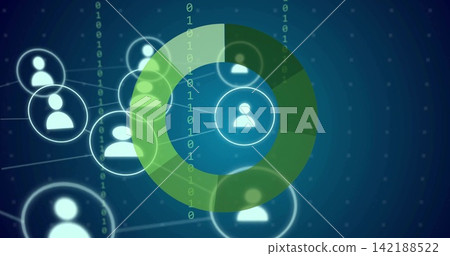 Displaying green donut ring overlaying virtual network, showing avatars, lines, binary Displaying green donut ring overlaying virtual network, showing avatars, lines, binary 142188522