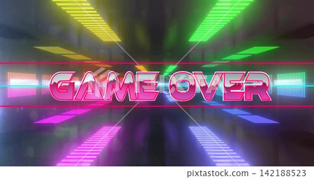 Glowing neon GAME OVER sign dominating virtual corridor, mirroring magenta frames on glossy floor Glowing neon GAME OVER sign dominating virtual corridor, mirroring magenta frames on glossy floor 142188523