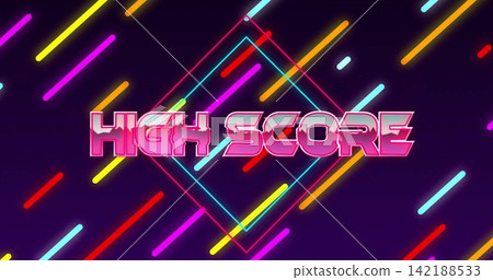 Glowing HIGH SCORE text floating on synthwave poster, with neon diamond outline and streaks Glowing HIGH SCORE text floating on synthwave poster, with neon diamond outline and streaks 142188533