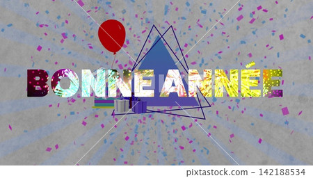 Celebrating bold BONNE ANNEE typography sitting on gray backdrop with red balloon, gifts, confetti Celebrating bold BONNE ANNEE typography sitting on gray backdrop with red balloon, gifts, confetti 142188534