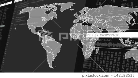 Displaying stylized world map on operations dashboard, showing File ENCRYPTION bar, code panels Displaying stylized world map on operations dashboard, showing File ENCRYPTION bar, code panels 142188535