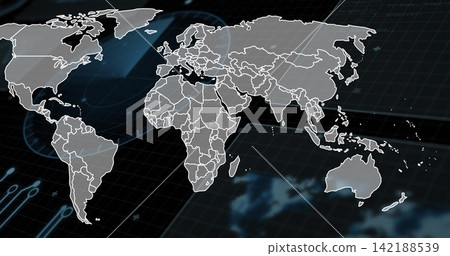 Displaying stylized world map graphic occupying center on digital dashboard, showing white borders Displaying stylized world map graphic occupying center on digital dashboard, showing white borders 142188539