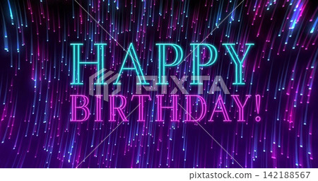 Glowing neon HAPPY BIRTHDAY text dominating neon backdrop, with vertical trails and particle dots Glowing neon HAPPY BIRTHDAY text dominating neon backdrop, with vertical trails and particle dots 142188567