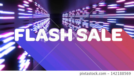 Displaying bold white FLASH SALE banner diagonally across neon corridor, casting floor reflections Displaying bold white FLASH SALE banner diagonally across neon corridor, casting floor reflections 142188569