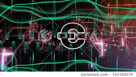 Glowing styled euro symbol pulsing amid teal waveforms and pulse spikes in virtual magenta circuits Glowing styled euro symbol pulsing amid teal waveforms and pulse spikes in virtual magenta circuits 142188574