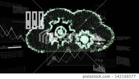 Glowing stylized cloud streaming neon data across dashboard, with large left gear, small right gear 142188577