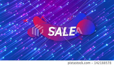 Featuring central ribbon banner showing SALE text on neon background, flanked by gradient circles Featuring central ribbon banner showing SALE text on neon background, flanked by gradient circles 142188578