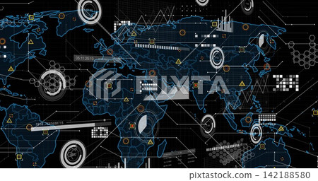 Displaying stylized world map with neon-blue contours on control-room dashboard, showing HUD rings Displaying stylized world map with neon-blue contours on control-room dashboard, showing HUD rings 142188580