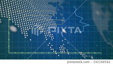 Displaying dotted North America map on blue grid, showing yellow boxes, jagged line, binary digits Displaying dotted North America map on blue grid, showing yellow boxes, jagged line, binary digits 142188582