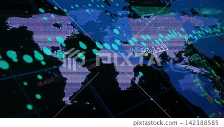 Displaying world map silhouette glowing on dark dashboard, with grid, teal dots, tickers, charts Displaying world map silhouette glowing on dark dashboard, with grid, teal dots, tickers, charts 142188585