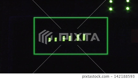 Glowing green-lit display showing vertical segmented bars on dark equipment panel with four LEDs 142188593
