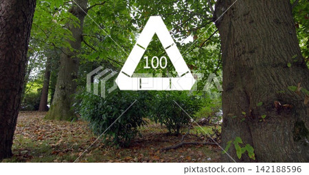 Floating white triangular overlay showing 100 over park floor under leafy canopy, with tree trunks Floating white triangular overlay showing 100 over park floor under leafy canopy, with tree trunks 142188596