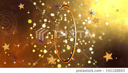 Showing vertical metallic ribbon oval frame glowing in festive digital backdrop, with golden stars Showing vertical metallic ribbon oval frame glowing in festive digital backdrop, with golden stars 142188603